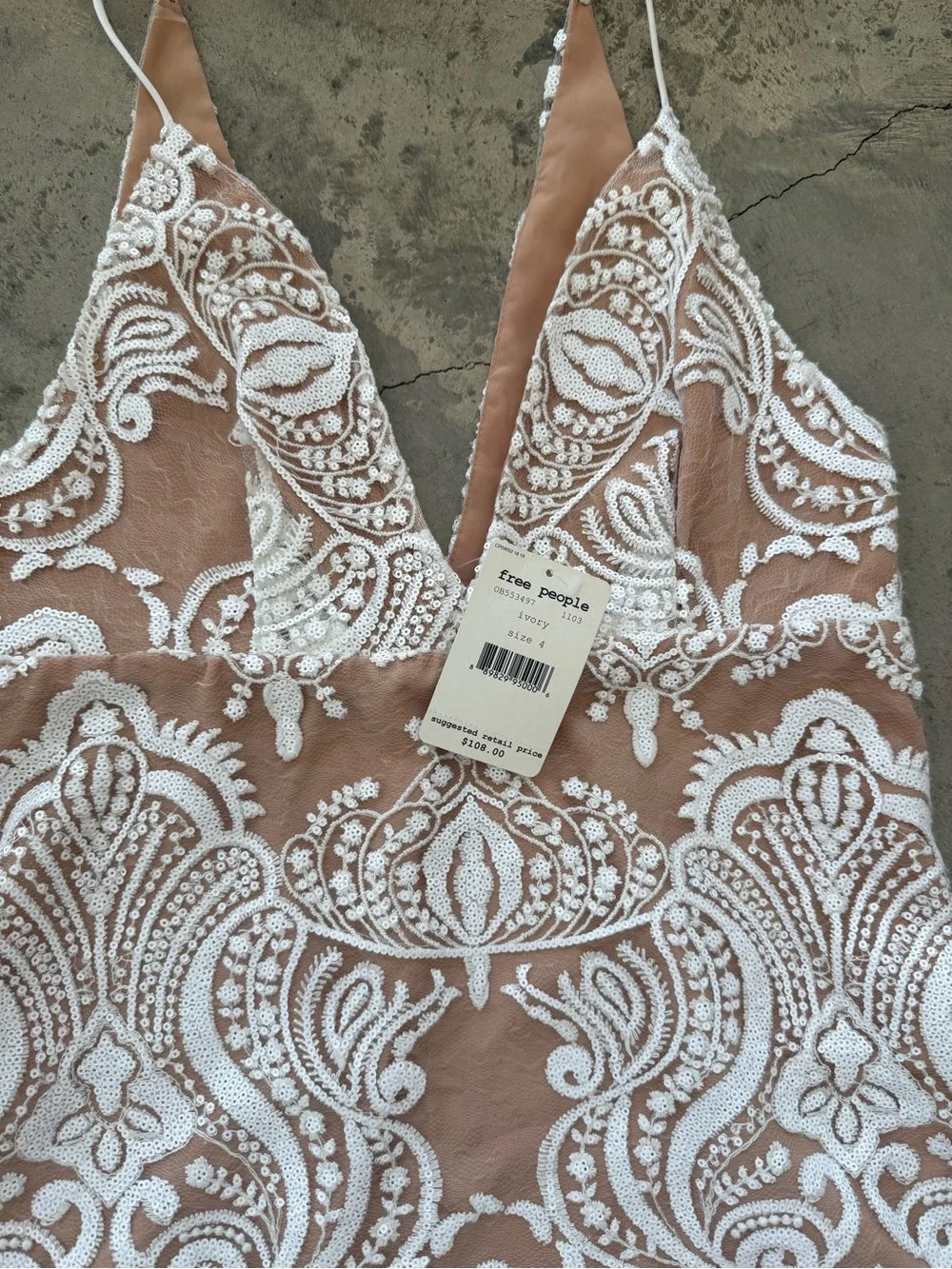 Free People White Embroidered Lace Plunge Mini Dress